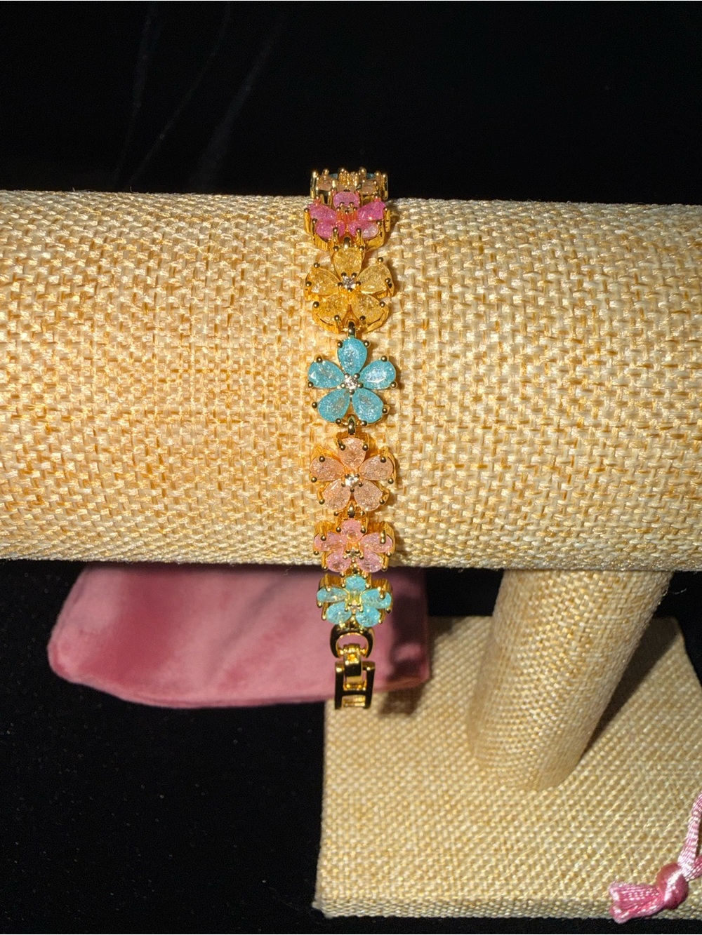 Gold-Plated Floral Multi-Color Candied Bracelet - Pink, Blue, Peach